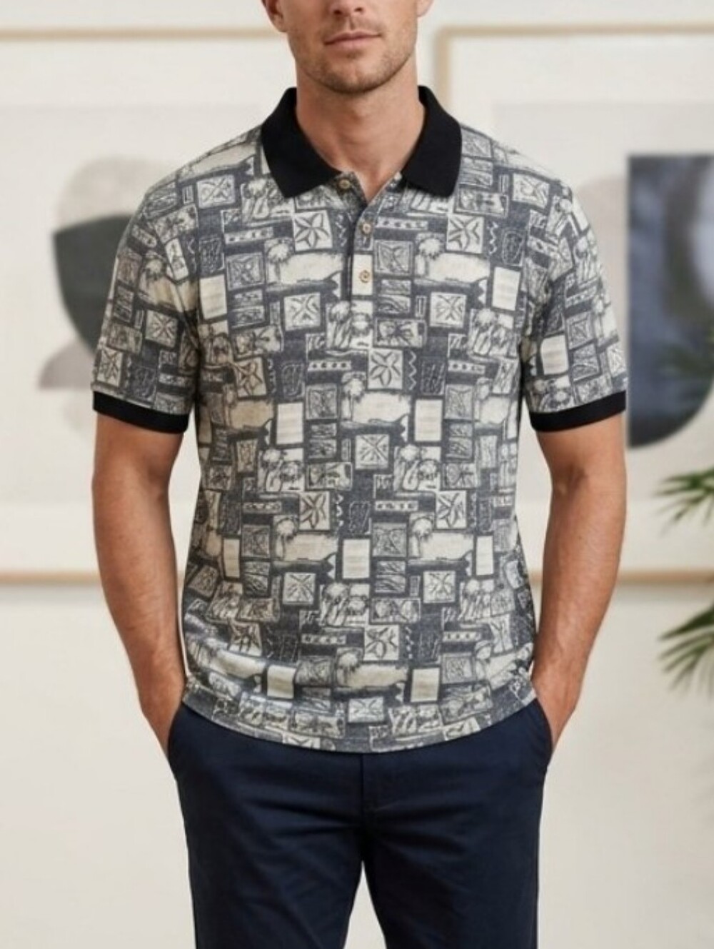Paradise Blue Vintage Patchwork Vibe Patterned Polo Shirt